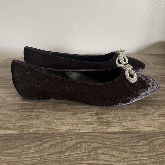 Comfort Women’s Rhinestone Bow Black Faux Velvet Ballet Flats Shoes Size 10W - Picture 3 of 8